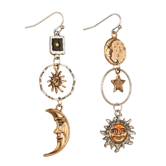 Vintage Sun Moon Star Dangle Earrings for Women, Greek Mythology Asymmetric Drop Earrings (Gold)