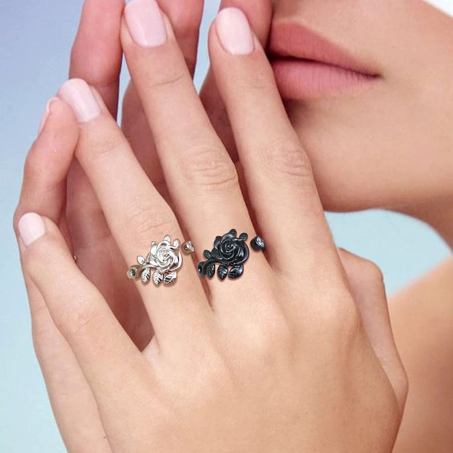 FR49K Sterling Silver Rose Flower Ring - Elegant Black Gun Plated, Adjustable, 3D Vivid Flower Design, Romantic Rose Jewelry for Women - Christmas & Valentine Gifts