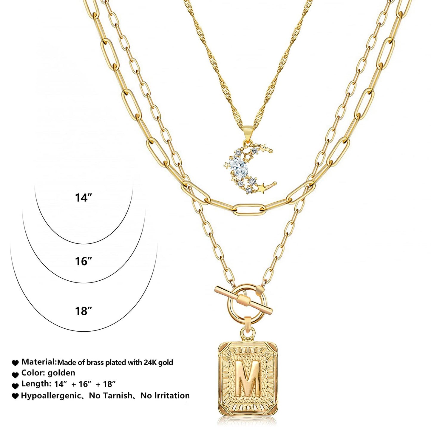 MJartoria Layered Initial Necklaces for Women Trendy, 14K Gold Plated Simple Moon Choker Square Letter Pendant Necklace, Paperclip Chain Necklace, Gold Necklaces Jewelry Gifts (Gold, M)