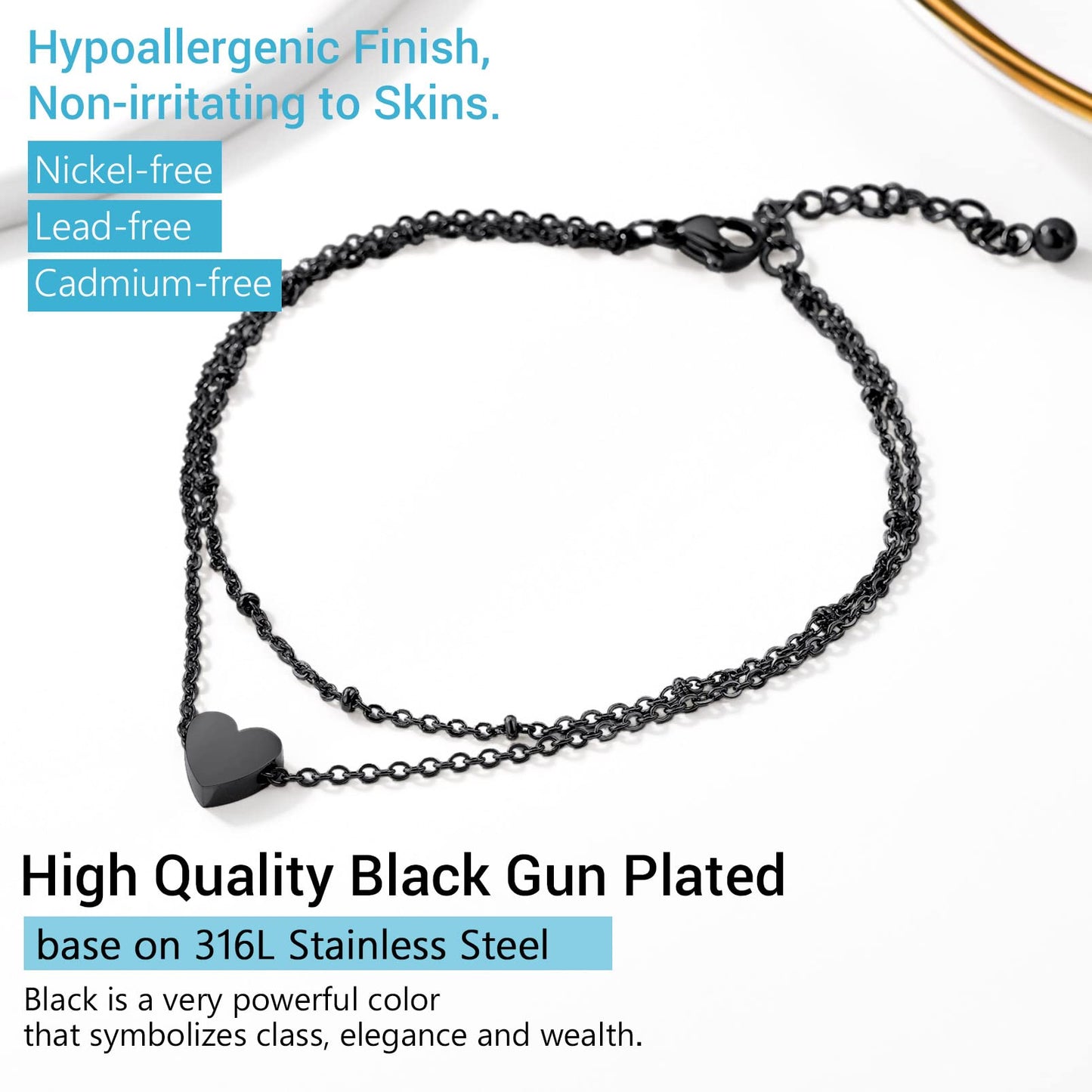 PROSTEEL Beach Jewelry Black Ankle Bracelets for Women Heart Chain Anklet Bracelet Black Layered Anklets