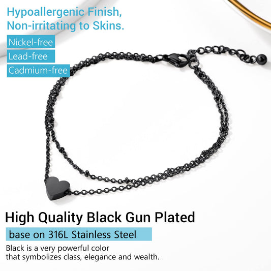 PROSTEEL Beach Jewelry Black Ankle Bracelets for Women Heart Chain Anklet Bracelet Black Layered Anklets