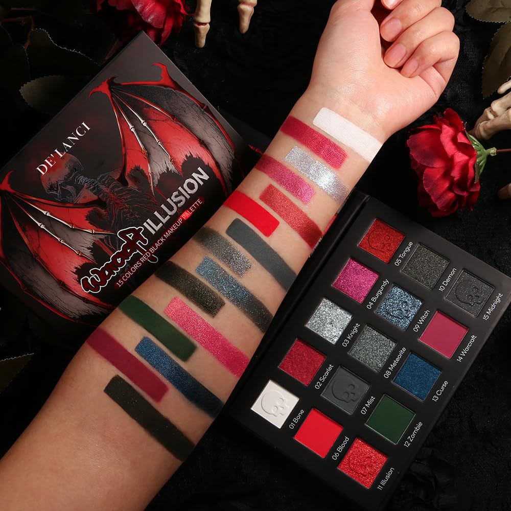 DE'LANCI Red Black Goth Eyeshadow Palette High Pigment Burgundy Eyeshadow Makeup, Halloween Vampire Makeup with Matte Metallic Glitter Shades for Smoky, Punk, Gothic Looks, Vegan & Cruelty-Free