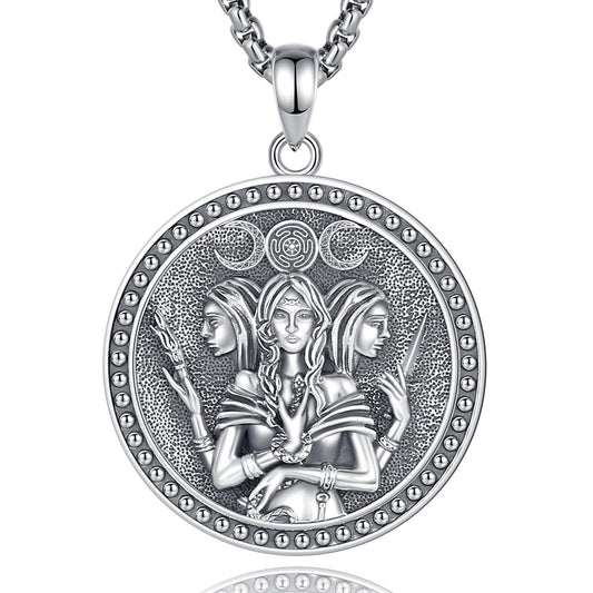 Vito 925 Sterling Silver Triple Moon Goddess Necklace for Women, Wiccan Hecate Goddess Pendant Protection Amulet Pagan Witchcraft Witch Jewelry Gift for Mom Wife, 22"