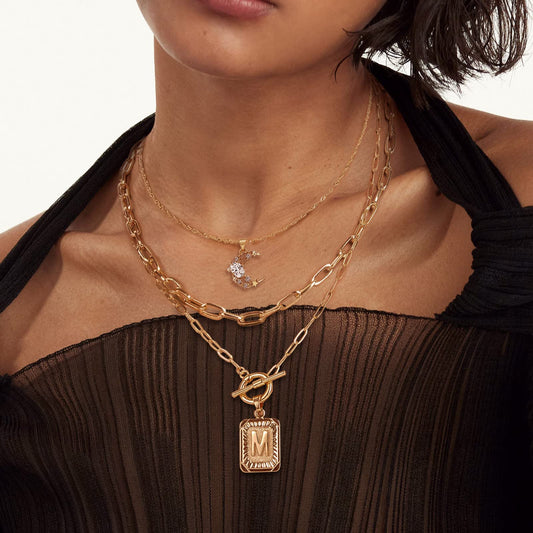 MJartoria Layered Initial Necklaces for Women Trendy, 14K Gold Plated Simple Moon Choker Square Letter Pendant Necklace, Paperclip Chain Necklace, Gold Necklaces Jewelry Gifts (Gold, M)