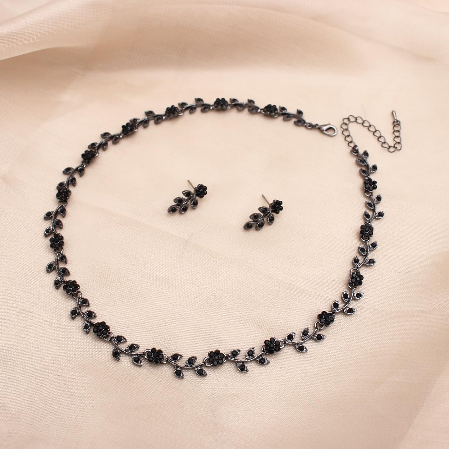 Enrwin Austrian Crystal Rhinestone Choker Necklace Dangle Earring Link Bracelet Jewelry Set for Brides Bridesmaid Prom Costume Accessories for Women (Black-Gunmetal)