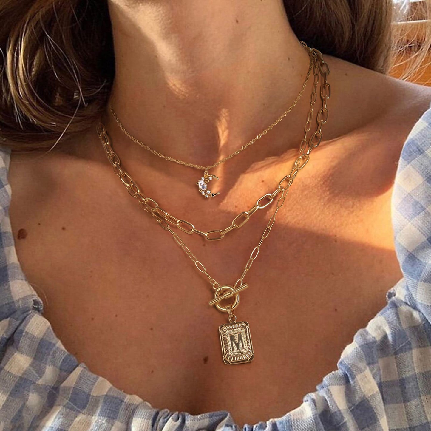 MJartoria Layered Initial Necklaces for Women Trendy, 14K Gold Plated Simple Moon Choker Square Letter Pendant Necklace, Paperclip Chain Necklace, Gold Necklaces Jewelry Gifts (Gold, M)