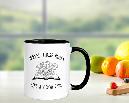 Yalocib Funny Good Girl Reader Mug, Spread Those Pages Like a Good Girl Mug, Funny Reading Mug, Book Lover Mug, Spicy Reader Mug, 11oz Ceramic Coffee Mug/Tea Cup, White/Black