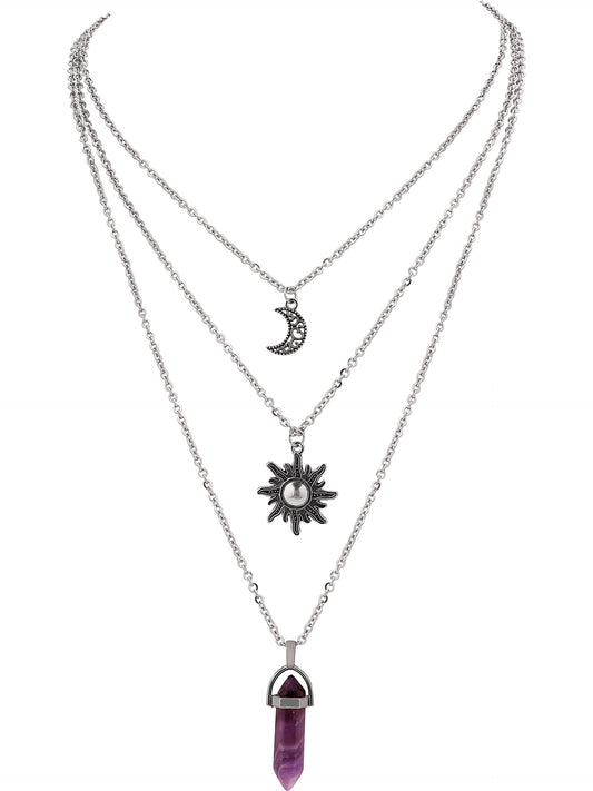 Sacina Gothic Layered Crystal Sun and Moon Necklace, Moon and Sun Pendant, Gothic Goth Emo Grunge Necklace, Goth Jewelry, Halloween Christmas Jewelry Gift For Women