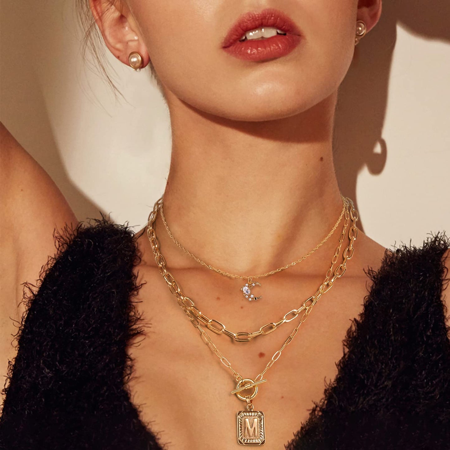 MJartoria Layered Initial Necklaces for Women Trendy, 14K Gold Plated Simple Moon Choker Square Letter Pendant Necklace, Paperclip Chain Necklace, Gold Necklaces Jewelry Gifts (Gold, M)