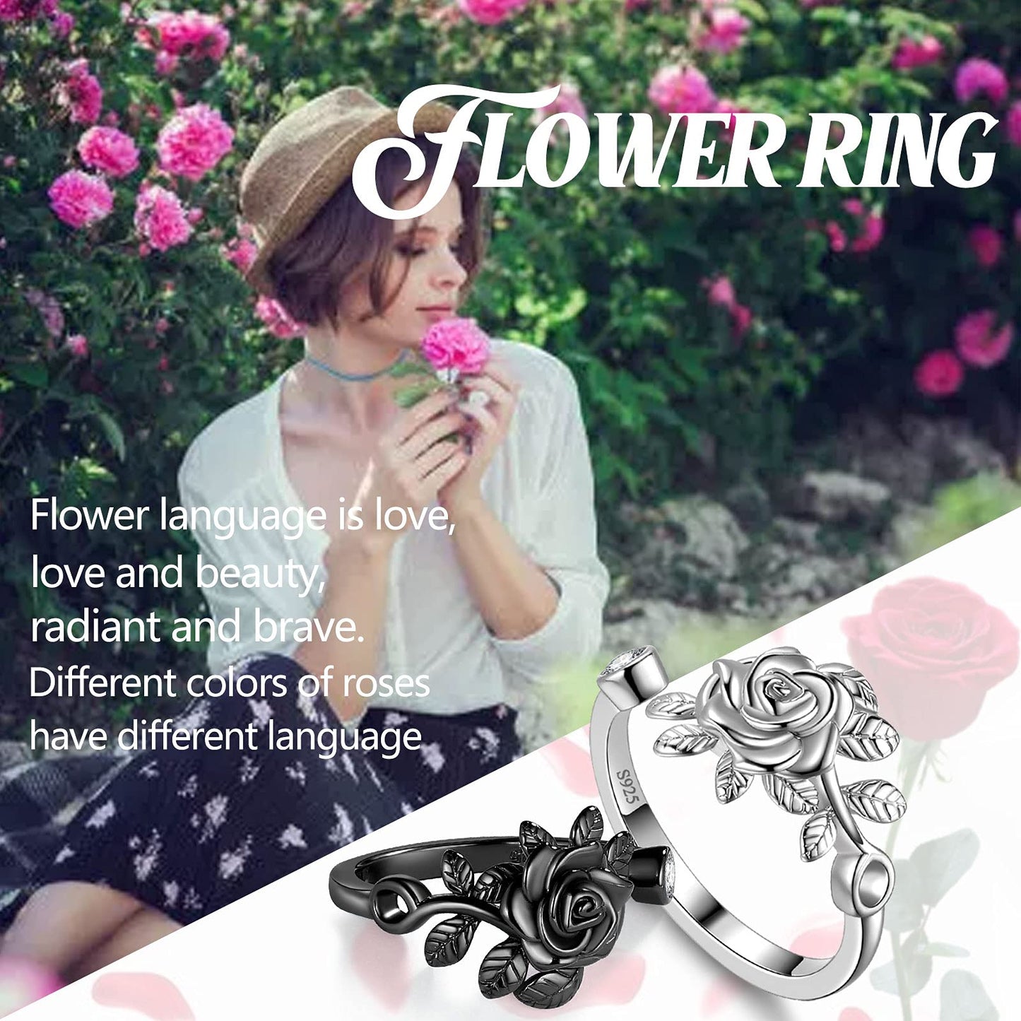 FR49K Sterling Silver Rose Flower Ring - Elegant Black Gun Plated, Adjustable, 3D Vivid Flower Design, Romantic Rose Jewelry for Women - Christmas & Valentine Gifts