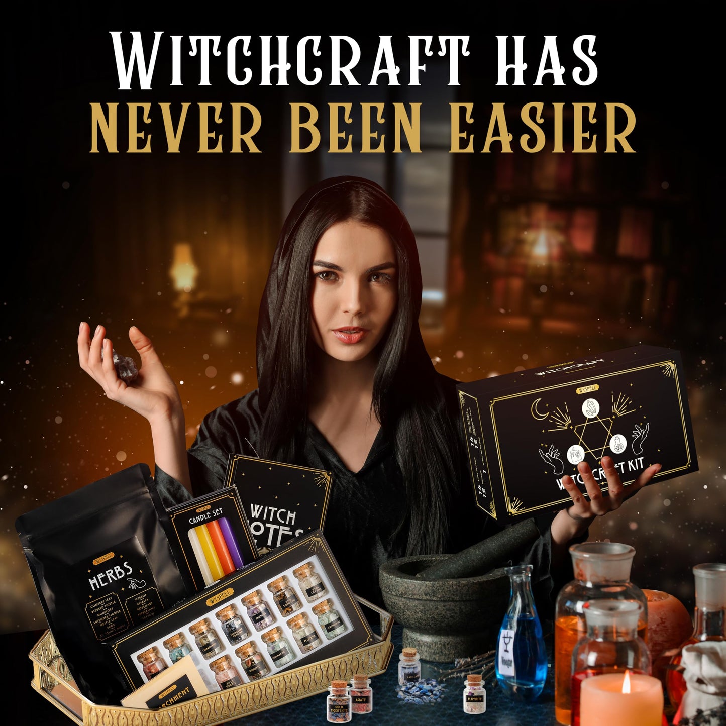 Witchcraft Supplies Kit for Witch Altar 54PCS - Spell Candles for Witches - Crystals Spell Jars for Witches - Herbs for Spells - Beginner Witch Starter Box - Witchcraft Kit