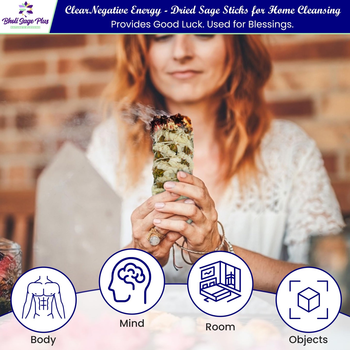 Bholi Sage Plus Sage Smudge Kit for Cleansing Negative Energy and Cleansing Home Sinuata, Dragon Blood, Cinnamon and Triple Flower Dried - 4'' Long Pack of 4 White California Sage Sticks