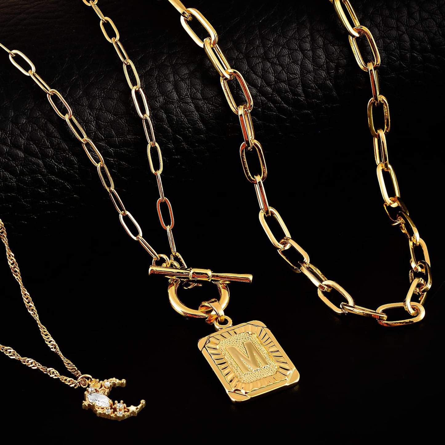 MJartoria Layered Initial Necklaces for Women Trendy, 14K Gold Plated Simple Moon Choker Square Letter Pendant Necklace, Paperclip Chain Necklace, Gold Necklaces Jewelry Gifts (Gold, M)