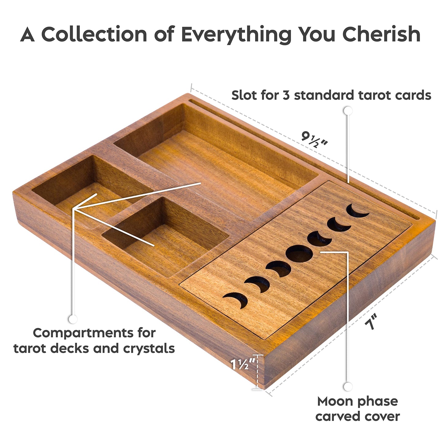 Curawood Tarot Card Holder Stand Display & Deck Box - Witchy Gifts for Women, Tarot Accessories, Wiccan Altar Supplies, Crystal Holder Tray, Witchcraft Decor - 3-Card Stand with Moon Phase Design