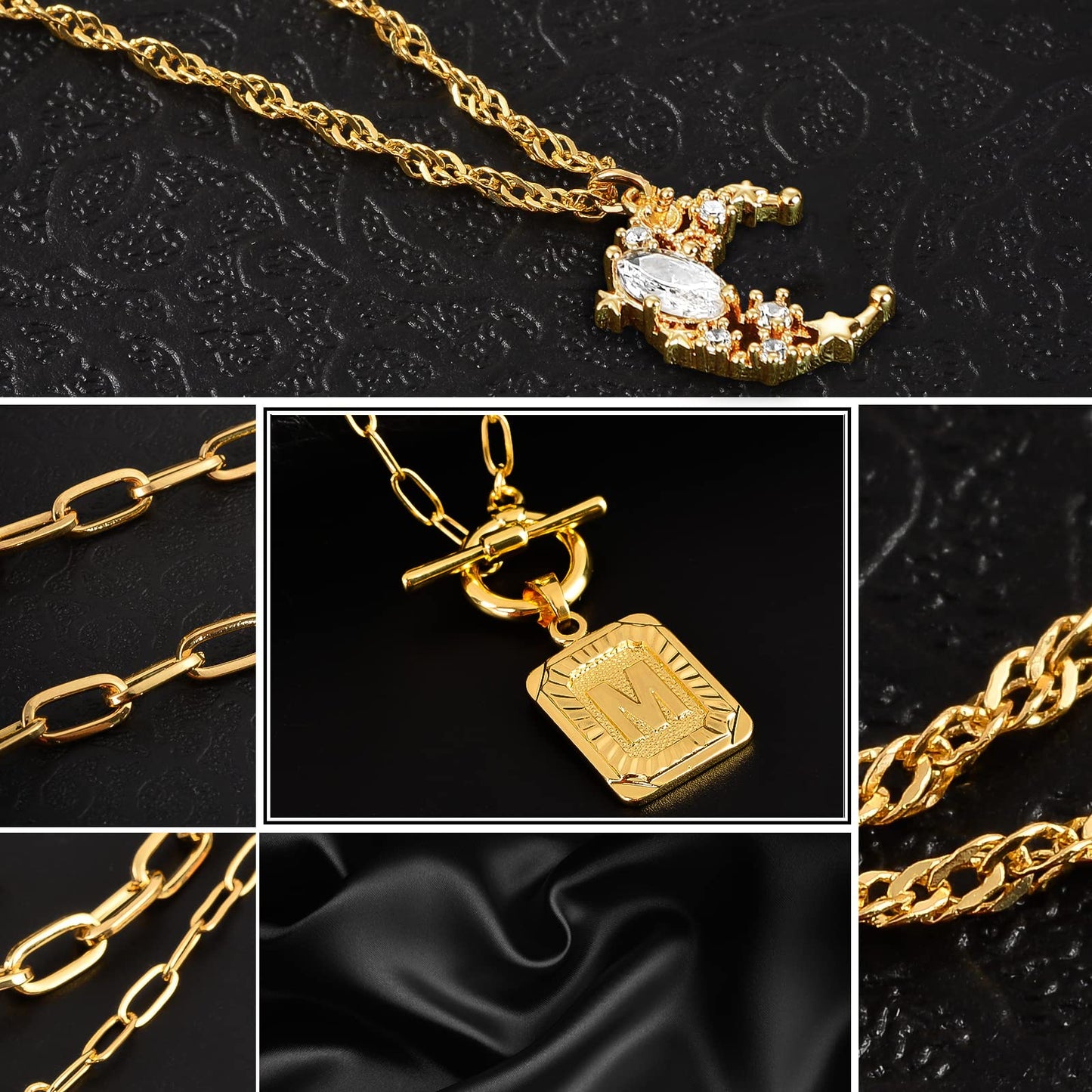 MJartoria Layered Initial Necklaces for Women Trendy, 14K Gold Plated Simple Moon Choker Square Letter Pendant Necklace, Paperclip Chain Necklace, Gold Necklaces Jewelry Gifts (Gold, M)