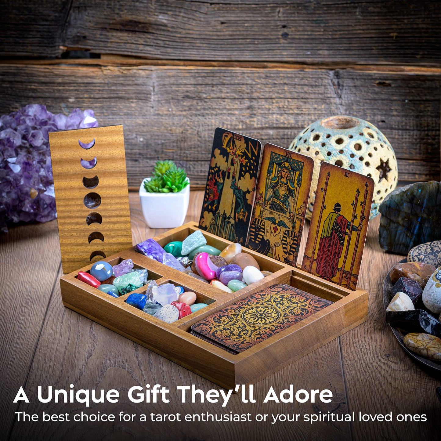 Curawood Tarot Card Holder Stand Display & Deck Box - Witchy Gifts for Women, Tarot Accessories, Wiccan Altar Supplies, Crystal Holder Tray, Witchcraft Decor - 3-Card Stand with Moon Phase Design
