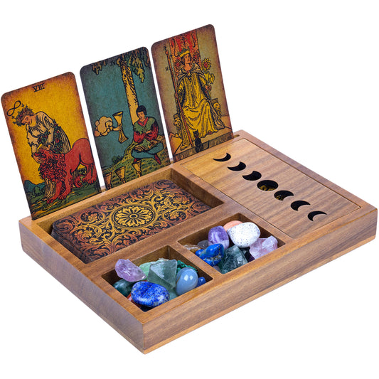 Curawood Tarot Card Holder Stand Display & Deck Box - Witchy Gifts for Women, Tarot Accessories, Wiccan Altar Supplies, Crystal Holder Tray, Witchcraft Decor - 3-Card Stand with Moon Phase Design