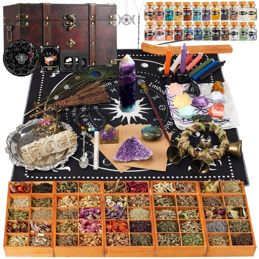 SHYSHINY Huge Witchcraft Kit, 200Pack Witchcraft Supplies for Witch Spells, Wiccan Supplies and Tools with Wooden Box Witch Starter Kit for Beginners