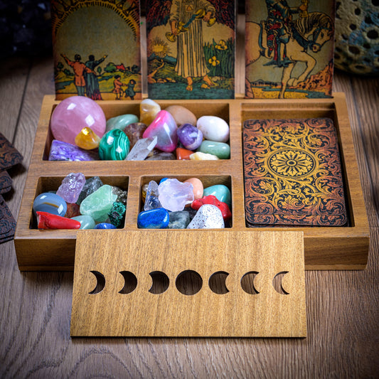 Curawood Tarot Card Holder Stand Display & Deck Box - Witchy Gifts for Women, Tarot Accessories, Wiccan Altar Supplies, Crystal Holder Tray, Witchcraft Decor - 3-Card Stand with Moon Phase Design
