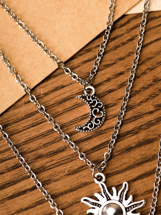 Sacina Gothic Layered Crystal Sun and Moon Necklace, Moon and Sun Pendant, Gothic Goth Emo Grunge Necklace, Goth Jewelry, Halloween Christmas Jewelry Gift For Women