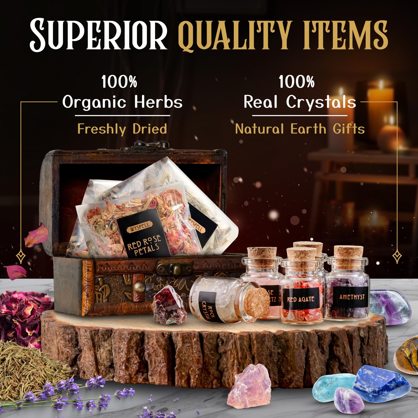 Witchcraft Supplies Kit for Witch Altar 54PCS - Spell Candles for Witches - Crystals Spell Jars for Witches - Herbs for Spells - Beginner Witch Starter Box - Witchcraft Kit