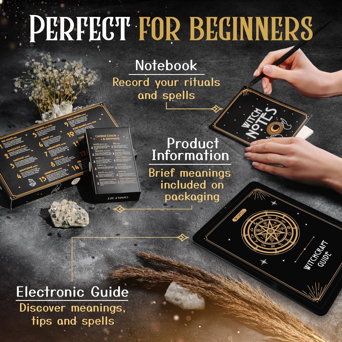 Witchcraft Supplies Kit for Witch Altar 54PCS - Spell Candles for Witches - Crystals Spell Jars for Witches - Herbs for Spells - Beginner Witch Starter Box - Witchcraft Kit