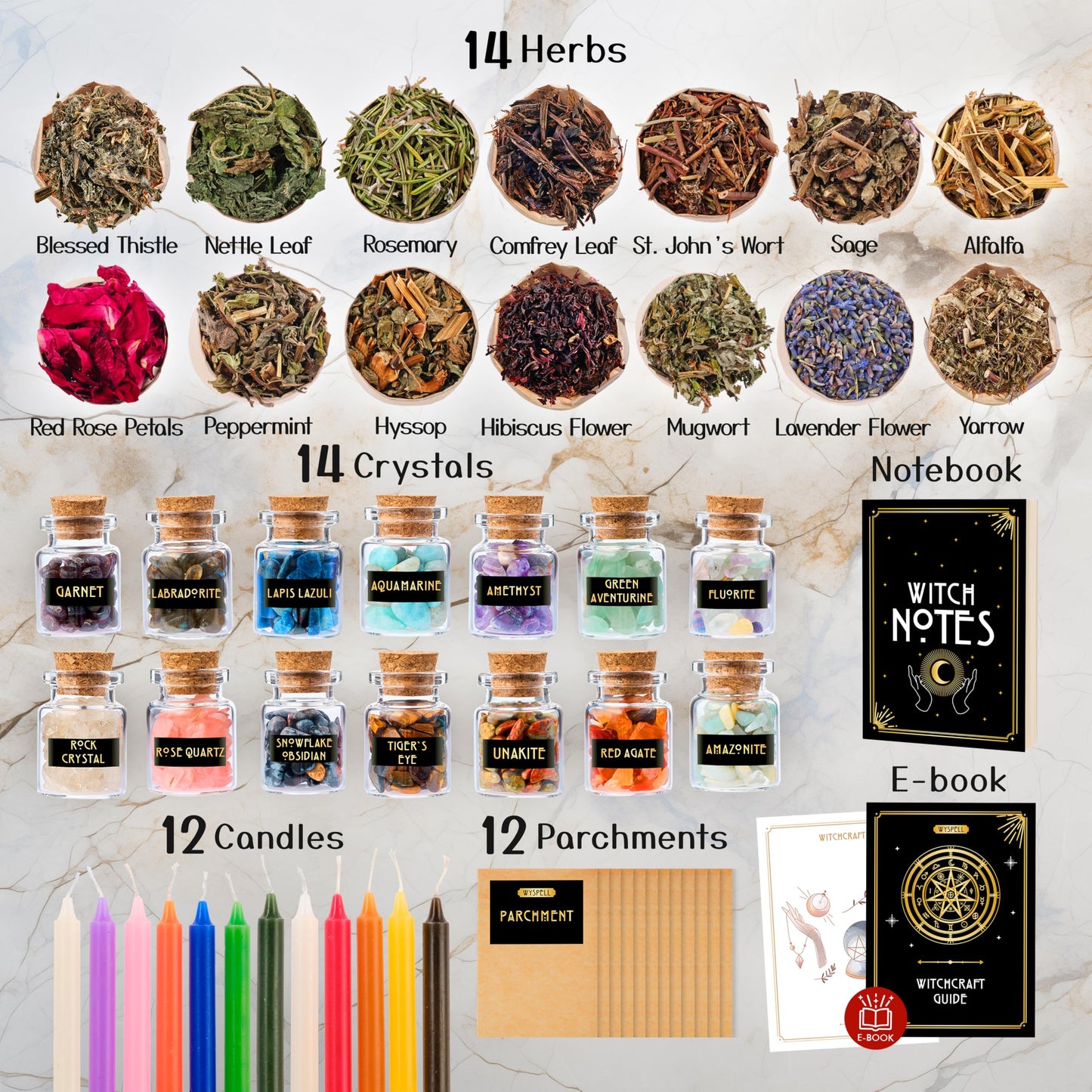 Witchcraft Supplies Kit for Witch Altar 54PCS - Spell Candles for Witches - Crystals Spell Jars for Witches - Herbs for Spells - Beginner Witch Starter Box - Witchcraft Kit